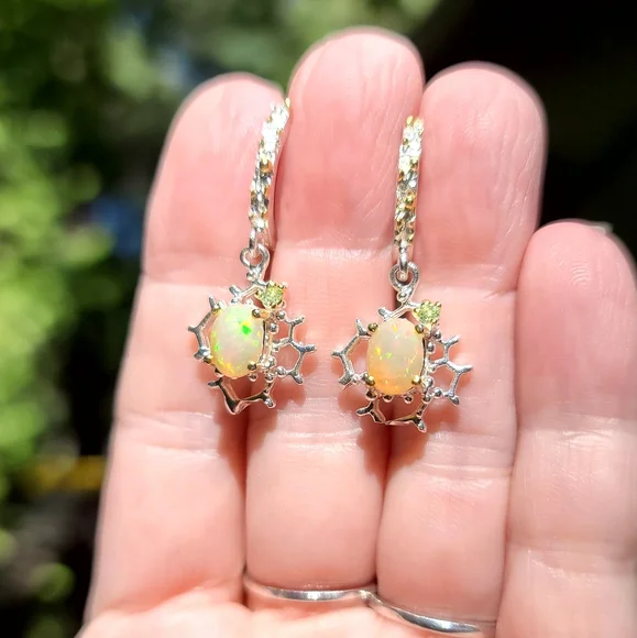 Opal & Peridot honeycomb sterling & gold Earrings - Picture 4 of 8